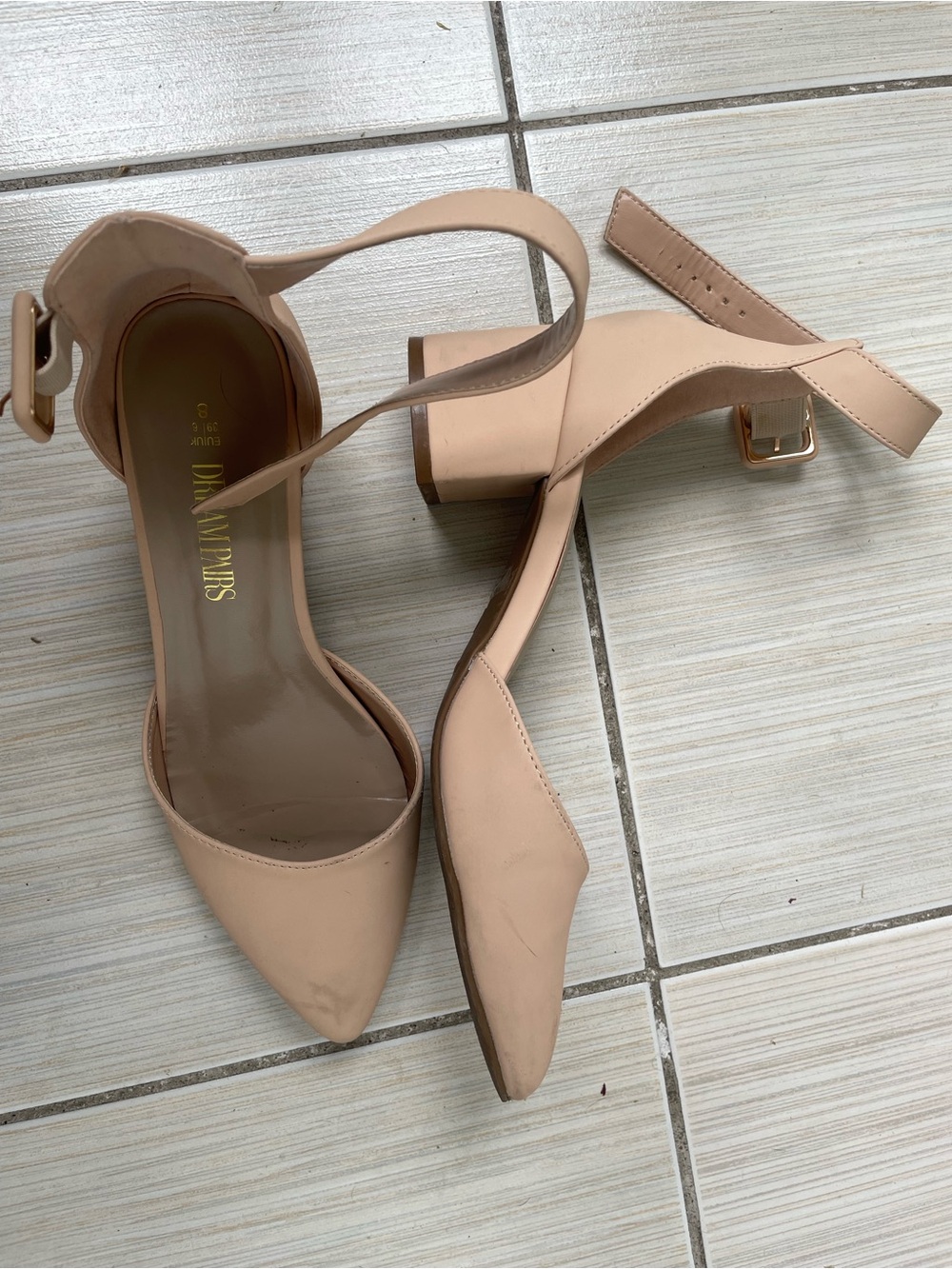 Nude Ankle-Strap Block Heel Pumps